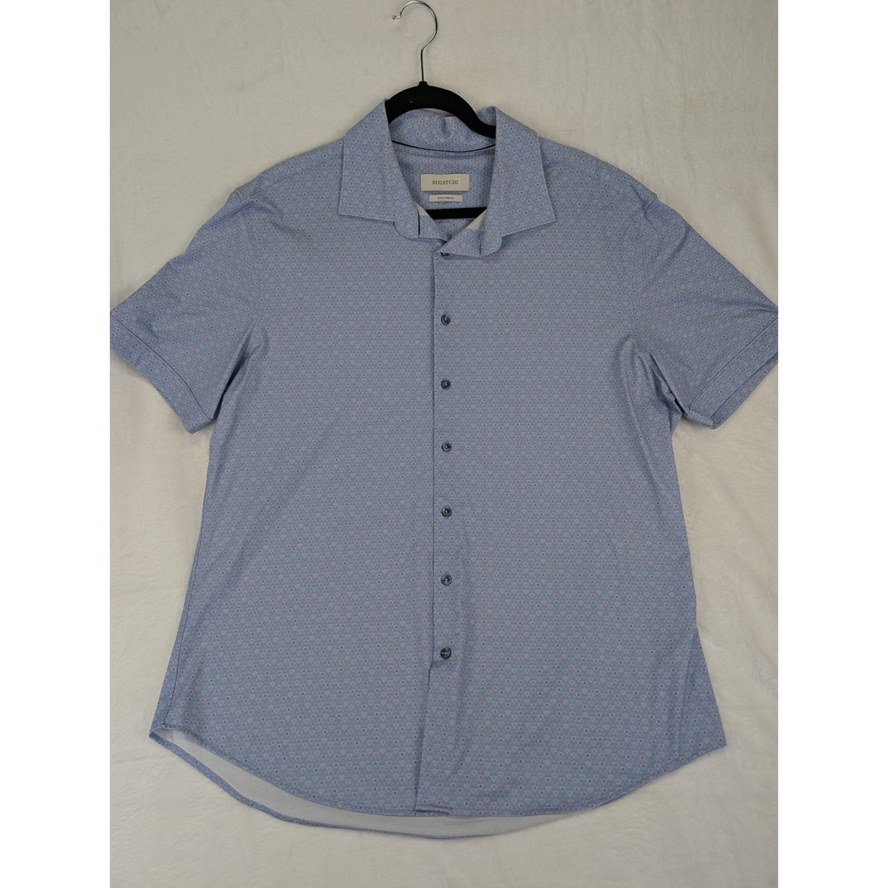 Bugatchi 8 Way Stretch Shirt XL Blue Geometric Short Sleeve Golf Office Church